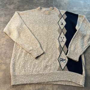 IZOD Sweater Men's L Brown Oatmeal Embroidered Crew 80s 90s Retro Argyle Golf